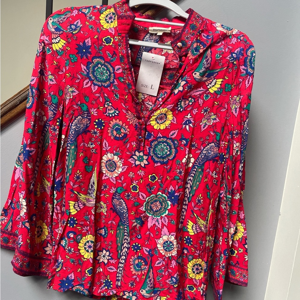 Johnny Was Red Floral Blouse with Bird Motif